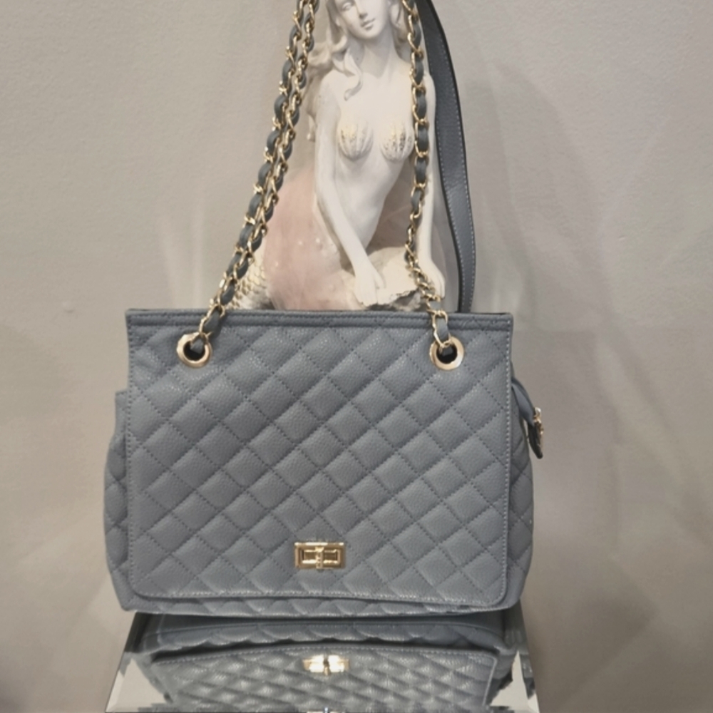 Luxurious Blue Quilted and Gold Chain/hardware Shoulder Bag